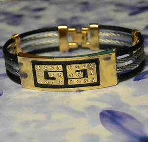 Dolly-Bijoux  Bracelet Câbles Acier Rhodié Noire GREC Plaqué Or Pavé Diamant Cz - Picture 1 of 4