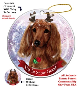 Up to Snow Good Ornament - Longhaired Red Dachshund - Picture 1 of 1