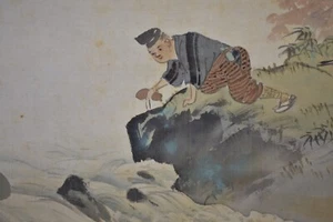 JAPANESE KAKEJIKU PAINTED SCROLL ART Charcoal Paint - Washi Canvas MAN & HYOTAN - Picture 1 of 21