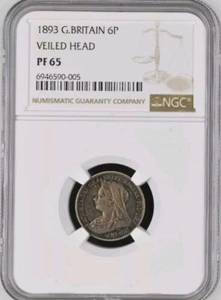 Moneda de 6d cabeza velada de la reina Victoria de Gran Bretaña de 1893 NGC PF 65 - Imagen 1 de 2