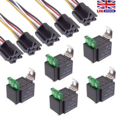 5 x 12V Automotive On/Off Fused Relay 30A 4-Pin with Holder Socket - Image 1 of 4