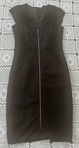Ladies Ted Baker Cap Sleeve V Neck Front Zip Lace Panels Midi Dress Small 2 LBD - Picture 1 of 11
