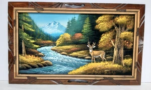 VTG MCM MEXICAN VELVET PAINTING BUCK DEER STAG BLACK 23 X 14” FRAMED FREE SHIP - Picture 1 of 9