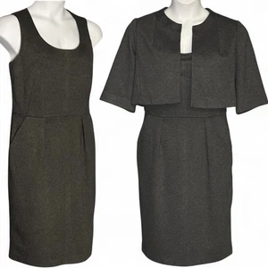 Calvin Klein Herringbone Sheath Dress & Bolero Sz 14 Dark Gray Career Midi Suit - Picture 1 of 13