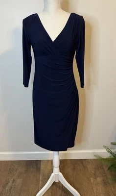 Lauren Ralph Lauren Faux Wrap Dress Navy 3/4 Sleeves V-Neck Size 4P - Image 1 of 4