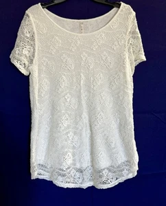 Leo & Nicole Bluse weiß Spitze Kurzarm L Large romantischer Kern feminin Top - Bild 1 von 12