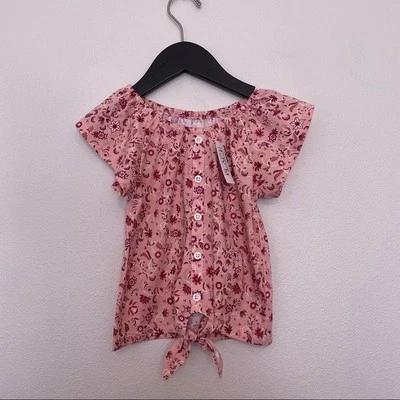 NWT Childrens place girls pink melon tie front floral ruffle sleeve top sz.XS(4) - Image 1 of 4