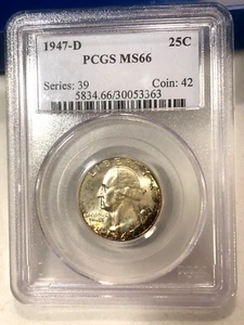 1947-D Washington Quarter PCGS MS66 Cert. # 30053363 schöner Glanz! Felgentonung! - Bild 1 von 5