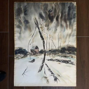 Vintage MCM 1950 A K D Healy signiert groß ORIGINAL Aquarell Landschaft mit dunklem Himmel - Bild 1 von 15