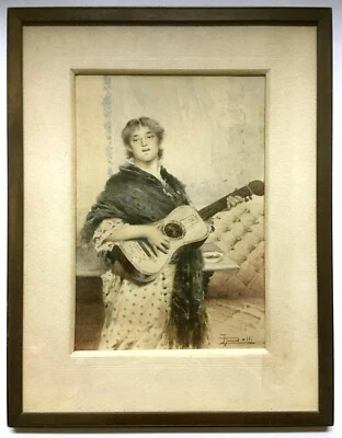 GUITARRA MULHER Pintura Antiga ~ LINDA AQUARELA ~ARTISTA LISTADA ITALIANA DA DÉCADA DE 1880 - Imagem 1 de 4