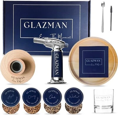 GLAZMAN Cocktail Smoker Kit with Torch and 4 Flavors of Wood Chips- Luxury Whiskey Gifts
