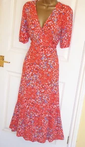 Red vintage floral print summer party midi tea day festival tie dress size 20 22 - Picture 1 of 4