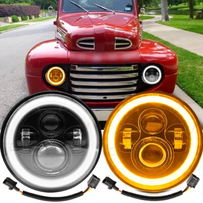 Pair 7" Inch Round LED Headlights Halo DRL Fit Ford F1 1948 1949 1950 1951 1952 - Image 1 of 4