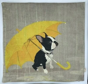 BOSTON TERRIER w Umbrella In Rain Puppy Dog Zippered Pillow Cushion Cover 17 1/2 - Picture 1 of 2