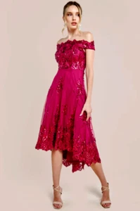 Goddiva size 16 Cerise Sequin and Lace Dip Hem Bardot Dress, Christmas,Parties, - Picture 1 of 5