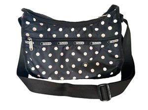 Le Sportsac crossbody bag, big beige polkadots on black background, medium size - Picture 1 of 11