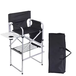 Tall Directors Chair Black Steel Folding Chair Outdoor Indoor With Cup Holder - Picture 1 of 11