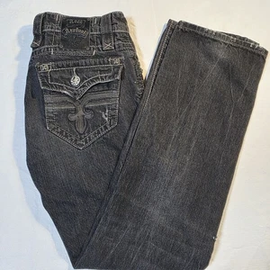 Rock Revival John Straight Jeans Distressed Black Gray Sz 30 Flap Embroidered - Picture 1 of 19