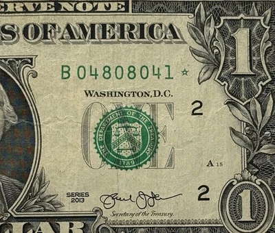 2013 B Duplicate Star Note Error Fancy Serial Number One Dollar Bill B04808041* - Image 1 of 4
