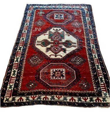 Редкий антикварный казахский ковер 6 X 8 Lori Pambok C. 1880, малиновый темно-синий сине-зеленый цвета слоновой кости - Изображение 1 из 4