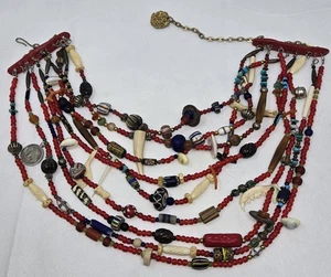 VINTAGE NAVAJO 9-STRAND BEADS NECKLACE GLASS BONE COINS CHEVRON VENETIAN CORAL - Picture 1 of 10