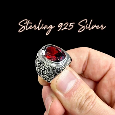 AAA QUALITY SOLID STERLING 925 SILVER HANDMADE MEN'S JEWELRY RUBY RING - Image 1 of 4
