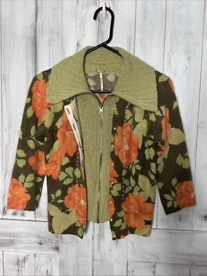 CÁRDIGAN SUÉTER FREE PEOPLE VERDE NARANJA FLORAL CREMALLERA COMPLETA LANA DE ANGORA EN CAPAS M Foto 1 de 4