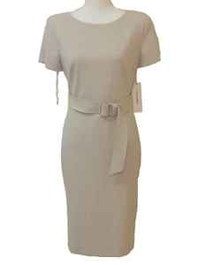 NWT Calvin Klein Cream Short Sleeve Sheath Silhouette Belted Size 8 - Picture 1 of 4