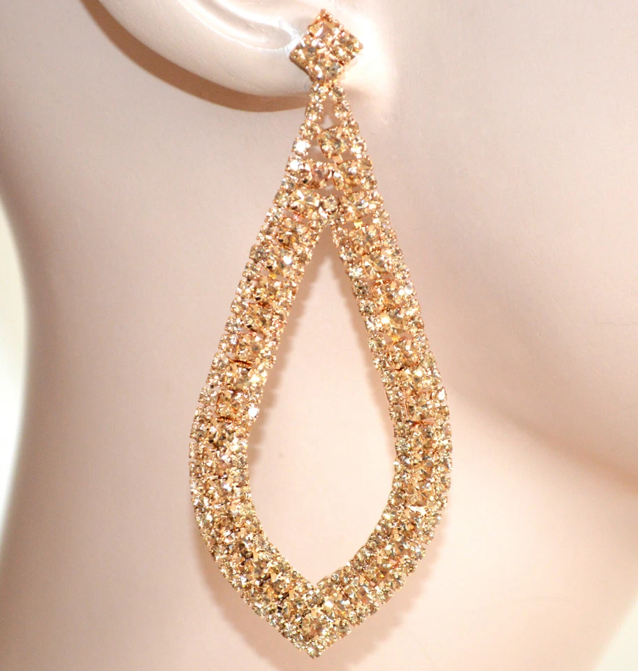 Boucles d'oreilles femme or strass cristaux ambre corail pendantes ovales UF35 - Photo 1/1