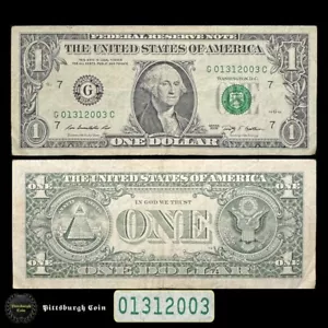 01312003 January 31 2003 2009 One Dollar Bill Birthday Date Note Fancy Serial G7 - Picture 1 of 2