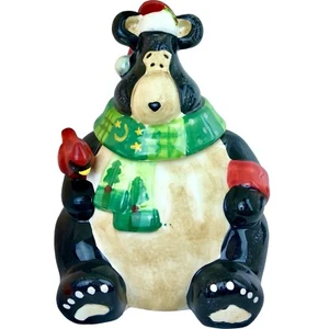 WCL Christmas Bear Cookie Jar, Hand Painted, Santa Cardinal Bird, China - Picture 1 of 11