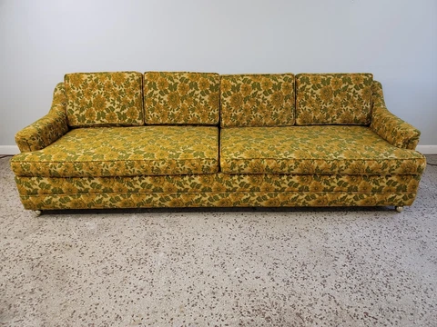 Mid Century Modern Six Cushion Sofa with Vintage Upholstery 1970s Flower Power Cover