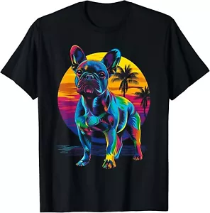 French Bulldog Frenchie Dog Beach Sunset Pop Art Gift Unisex T-Shirt - Picture 1 of 3