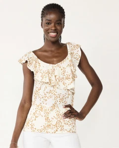 Women's Nine West Tiered Flutter Sleeveless Top XS  white/ brown print - Picture 1 of 1