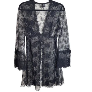 Vintage Jonquil by Diane Samandi Black Lace Robe Peignoir Medium Sheer Lingerie - Picture 1 of 15