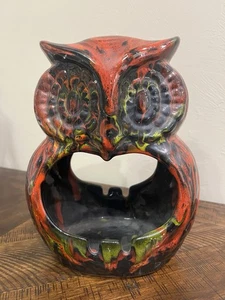 Vintage MCM Owl Ceramic Ashtray Incense Brown Orange Green Drip Glaze - Picture 1 of 9