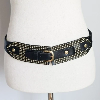 Linea Pelle Collection, Black Leather Gold Studded Statement Belt Size Medium - Image 1 of 4