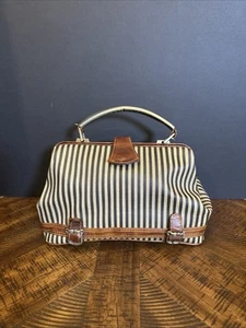 VTG 1950's Doctor Bag Purse Crown Hock Gripper Snap Striped Canvas Leather 11x8 - Picture 1 of 21