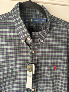 Polo Ralph Lauren Men's Slim Fit Stretch Oxford Shirt - Green/Navy Plaid, Size L - Picture 1 of 9