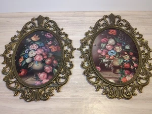 Juego de impresiones de flores vintage de latón ornamentado ovalado convexo enmarcado 10x13" - Imagen 1 de 11