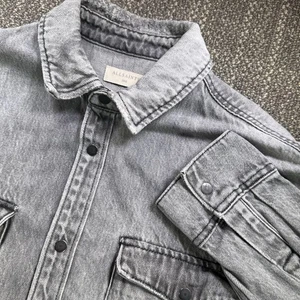 All Saints Dore Shirt Men XS S Gray Denim Shacket Distressed Designer Heavy Work - Picture 1 of 22