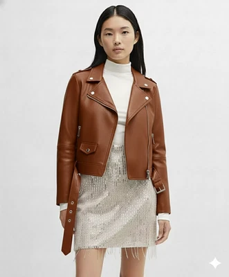 Chaqueta Para Mujer Cuero Hecha a Mano Informal Piel de Cordero Genuina Elegante Motocicleta Marrón Foto 1 de 4