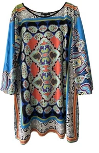 Melissa Paige Women’s Size Large Colorful Stretchy Shift Midi Dress Slit Sleeve - Picture 1 of 7