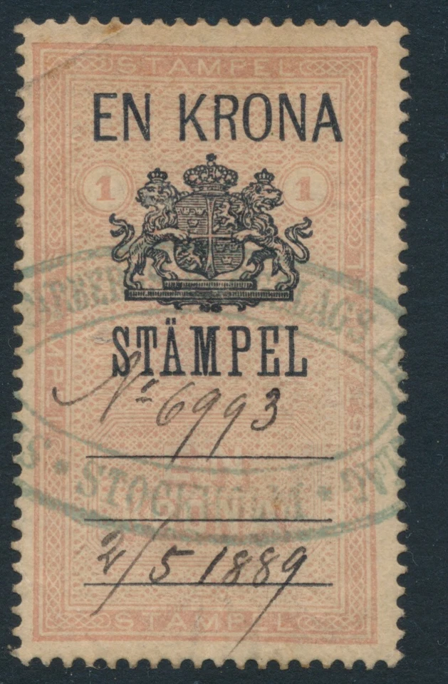 Sello de ingresos de documentos de Suecia 1881 una corona Foto 1 de 1