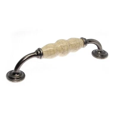 Cream Crackle Ceramic / Pewter Cupboard Door / Drawer D Handle, Knob | Kitchen - Image 1 of 4