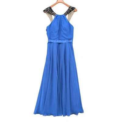 Vestido de dama de honra feminino Da Vinci azul cobalto chiffon renda halter tamanho 14 - Imagem 1 de 4