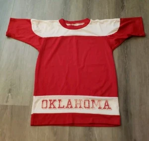 VTG 70s Artex OKLAHOMA Red White Nylon Mesh Sports Jersey Shirt BOYS Sz M FLAWS - Picture 1 of 15