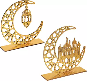 2 Pieces Wooden Ramadan Table Sign Moon Star Ornament for Eid Decor - Picture 1 of 12