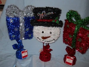 Holiday Time Christmas Decor 16" Tinsel Table Top Red / Blue Gift Box🎁/Snowman. - Picture 1 of 7