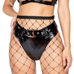 Pantalones Cortos Cintura Alta Ojal Hebilla Cinturón Espalda Descarada Látex Aspecto Húmedo Negro 3886 - Imagen 1 de 5